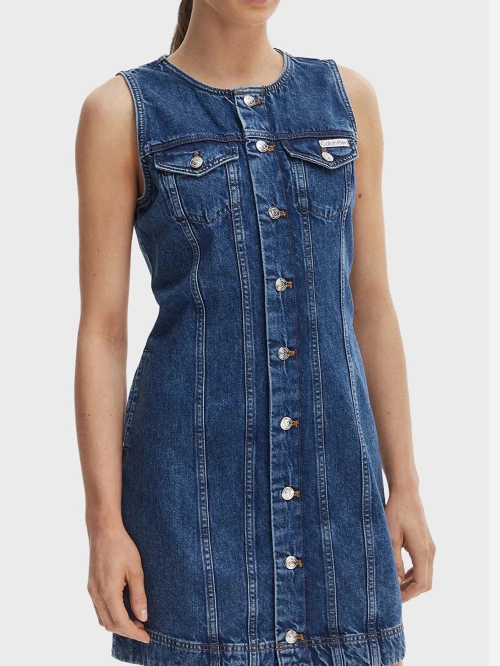 Calvin Klein Jeans Dark Blue Button-Front Sleeveless Denim Mini Dress